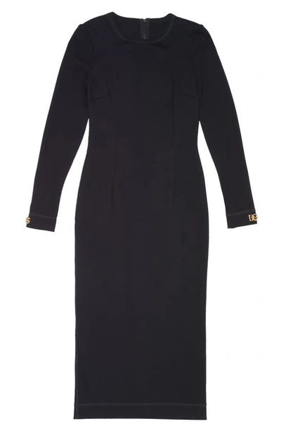 Shop Dolce & Gabbana Logo Hardware Long Sleeve Jersey Midi Dress In N0000 Nero