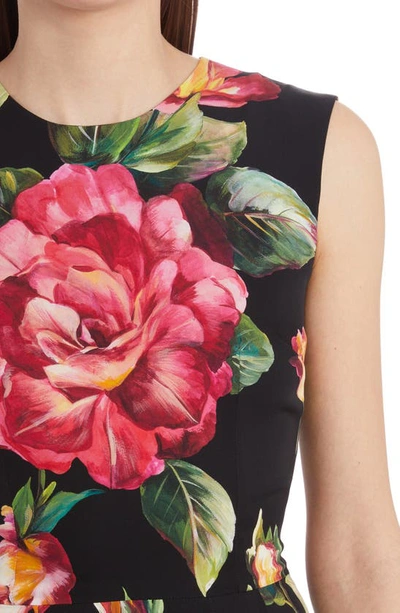 Shop Dolce & Gabbana Rose Print Stretch Silk Sheath Dress In Rose Rosa Fdo.nero