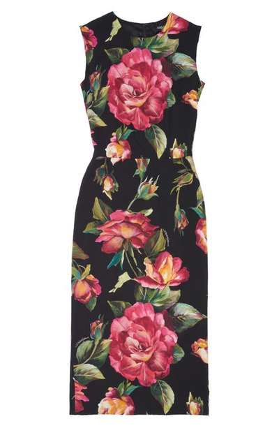 Shop Dolce & Gabbana Rose Print Stretch Silk Sheath Dress In Rose Rosa Fdo.nero