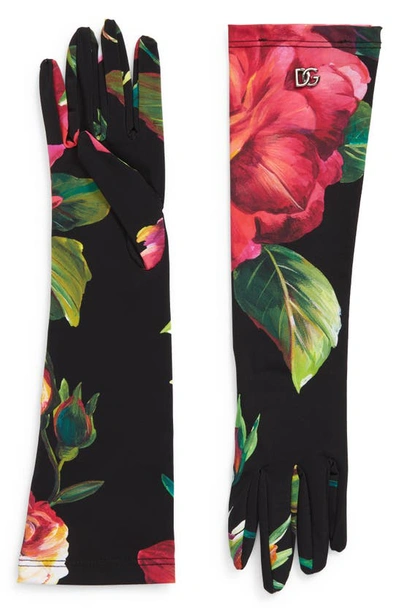Shop Dolce & Gabbana Flowers Long Stretch Jersey Gloves In Rose/ Nero