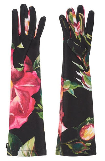 Shop Dolce & Gabbana Flowers Long Stretch Jersey Gloves In Rose/ Nero