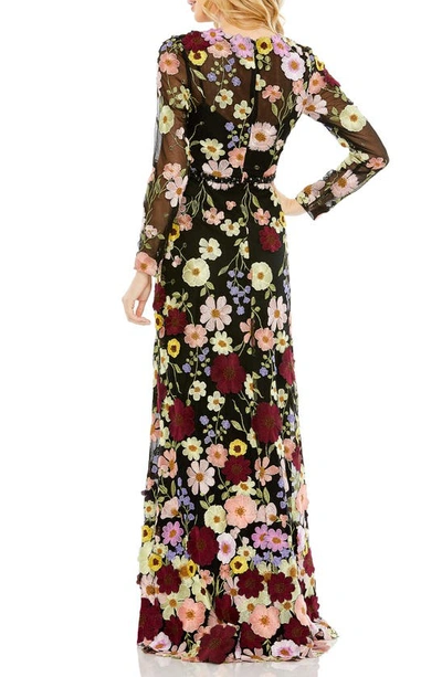 Shop Mac Duggal Embroidered Appliqué Long Sleeve Mesh Gown In Black Multi