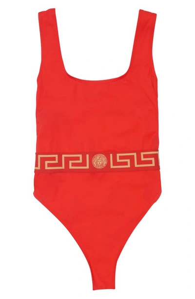 Shop Versace La Greca Waistband One-piece Swimsuit In Red