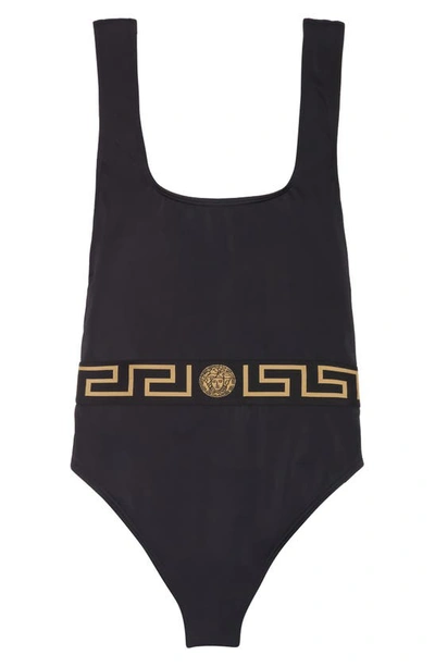 Shop Versace La Greca Waistband One-piece Swimsuit In Black