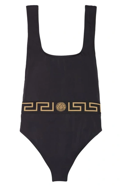Versace Black One-piece Swimsuit With Greca And Medusa Band In Black