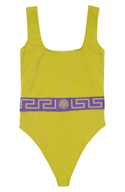 Shop Versace La Greca Waistband One-piece Swimsuit In Pale Avocado Purple