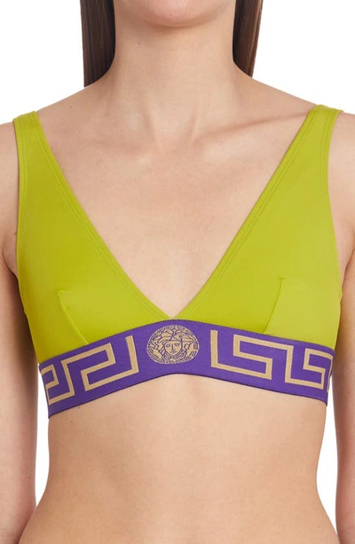 Shop Versace Greca Border Triangle Bikini Top In Pale Avocado Purple
