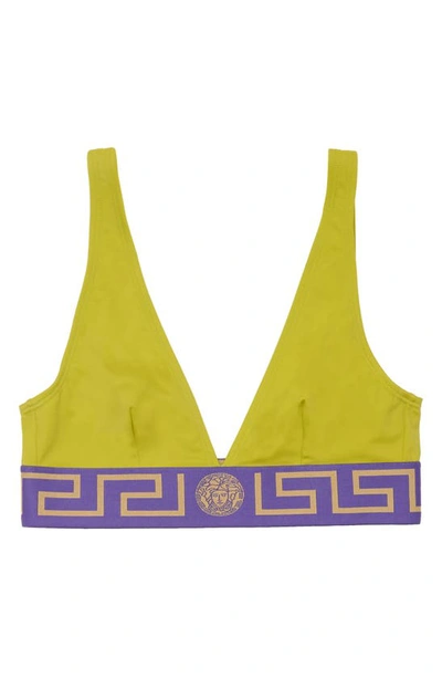 Shop Versace Greca Border Triangle Bikini Top In Pale Avocado Purple