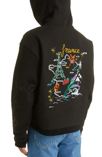 Shop Kenzo Reversible Embroidered Map Cotton Hoodie In Black