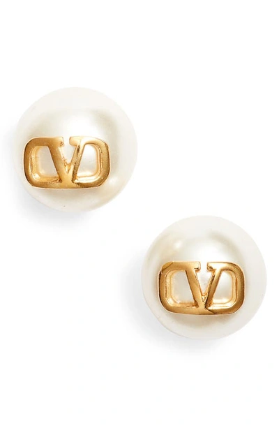 Shop Valentino Vlogo Imitation Pearl Stud Earrings In Ivory/gold