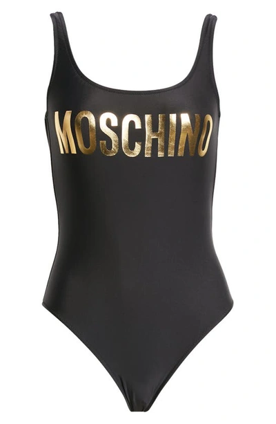 Shop Moschino Metallic Logo One-piece Swimsuit In Fantasy Print Black