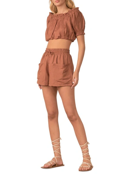 Elan Drawstring Linen Blend Cover-up Shorts In Clay
