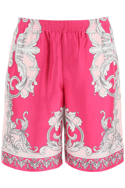 Shop Versace Silver Baroque Silk Shorts In Fuchsia,grey