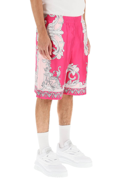 Shop Versace Silver Baroque Silk Shorts In Fuchsia,grey