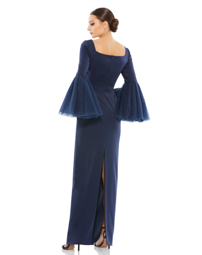 Shop Mac Duggal Flounce Sleeve Square Neck Column Gown In Navy