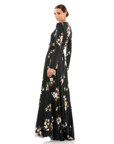 Mac Duggal High Neck Long Sleeve Faux Wrap Gown In Black Multi