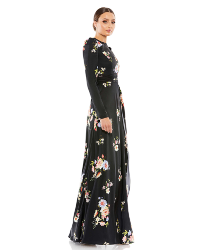 Mac Duggal High Neck Long Sleeve Faux Wrap Gown In Black Multi