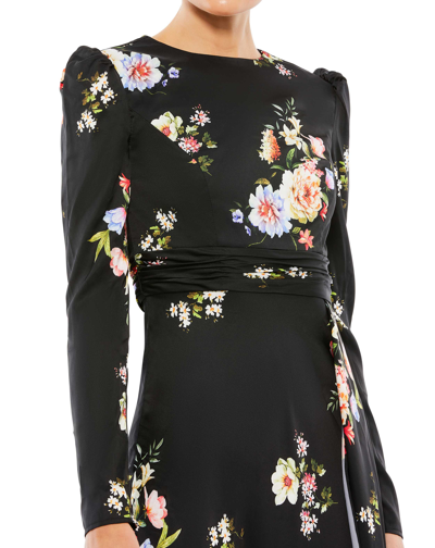 Mac Duggal High Neck Long Sleeve Faux Wrap Gown In Black Multi