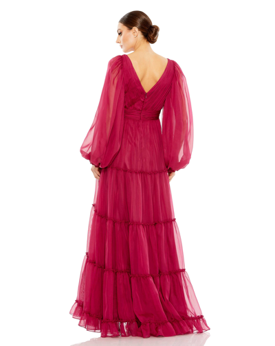 Mac Duggal Tiered Ruffle Long Sleeve Organza Gown In Berry