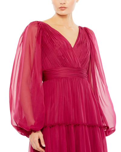 Mac Duggal Tiered Ruffle Long Sleeve Organza Gown In Berry