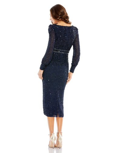 Shop Mac Duggal Sequined V Neck Bishop Sleeve Dress In Midnight