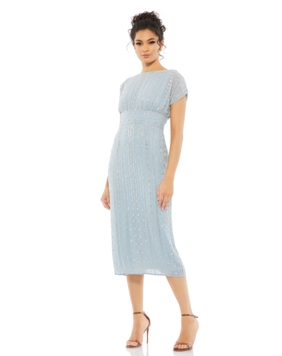 Shop Mac Duggal Beaded Cap Sleeve Column Midi Dress In Slate Blue
