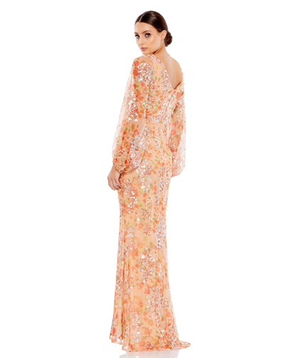 Mac Duggal Sequin Floral-print Long-sleeve Column Gown In Apricot