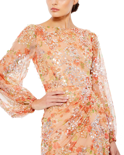 Mac Duggal Sequin Floral-print Long-sleeve Column Gown In Apricot