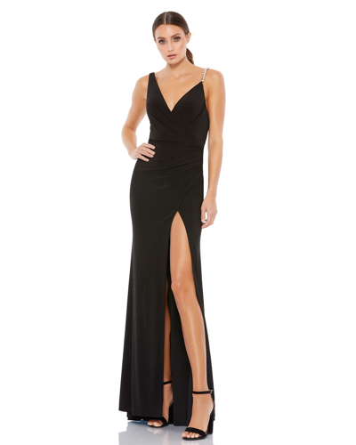 Mac Duggal Asymmetrical Pearl Strap V-neck Gown In Black