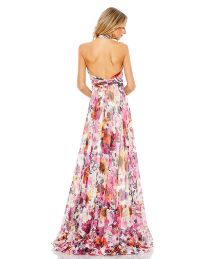 Mac Duggal Asymmetrical Ruffled Halter Floral Gown In White Multi