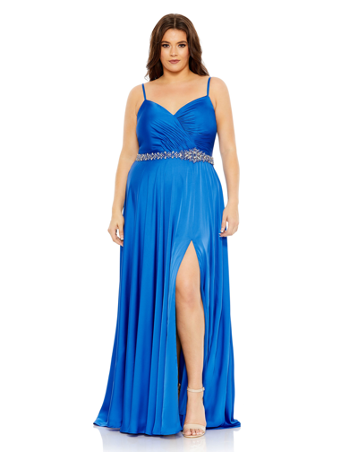 Shop Mac Duggal Beaded Belt Faux Wrap A Line Gown (plus) In Cobalt