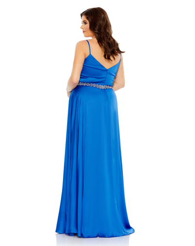 Mac Duggal Blue Beaded Belt Faux Wrap A Line Gown (plus) In Cobalt