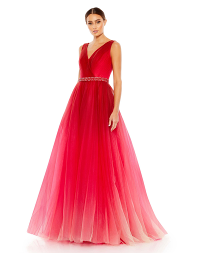 Shop Mac Duggal Beaded Belt Wrap Over Sleeveless Ballgown In Red Ombre