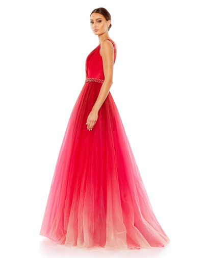 Shop Mac Duggal Beaded Belt Wrap Over Sleeveless Ballgown In Red Ombre