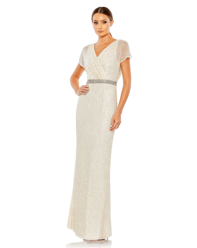 Shop Mac Duggal Beaded Butterfly Sleeve Column Gown In Nude/silver