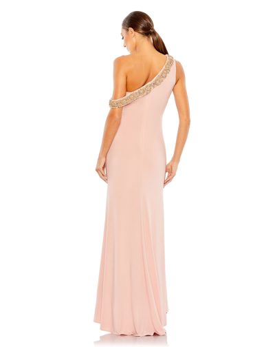 Mac Duggal Beaded Drop Shoulder Jersey Gown In Rose