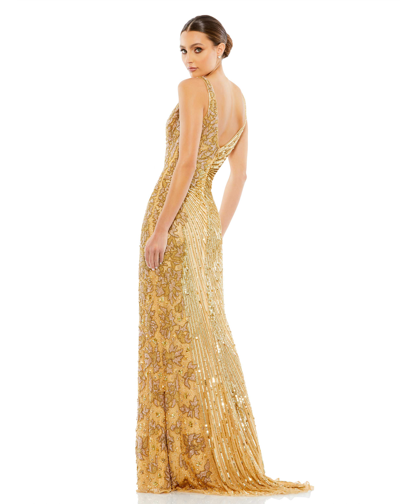 Shop Mac Duggal Beaded Floral Sleeveless Gown In Gold