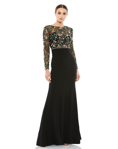 Shop Mac Duggal Beaded Illusion High Neck Trumpet Gown In Black Multi