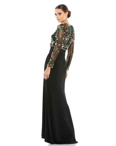 Shop Mac Duggal Beaded Illusion High Neck Trumpet Gown In Black Multi