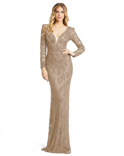 Shop Mac Duggal Beaded Illusion Plunge Neck Long Sleeve Gown - Final Sale In Mocha