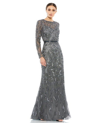 Shop Mac Duggal Beaded Long Sleeve Evening Gown In Charcoal