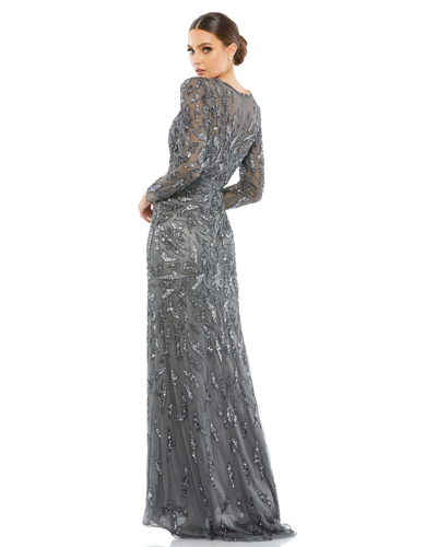 Shop Mac Duggal Beaded Long Sleeve Evening Gown In Charcoal