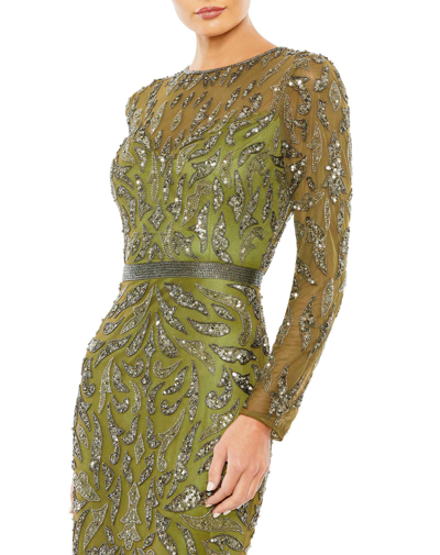 Shop Mac Duggal Beaded Long Sleeve Evening Gown In Olive