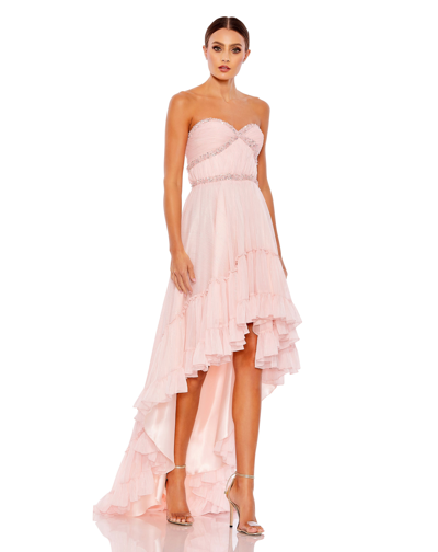 Shop Mac Duggal Beaded Ruffle High Low Gown In Ice Pink