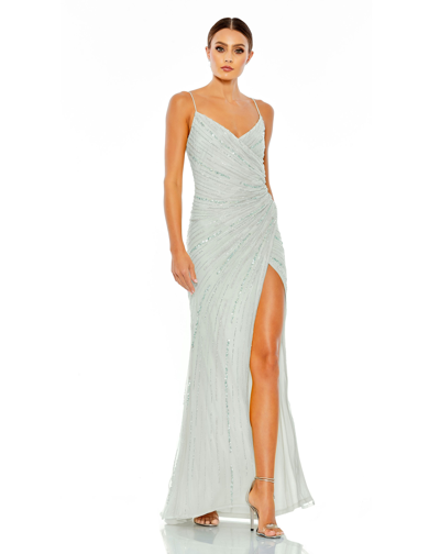 Shop Mac Duggal Beaded Sleeveless Faux Wrap Gown In Mint