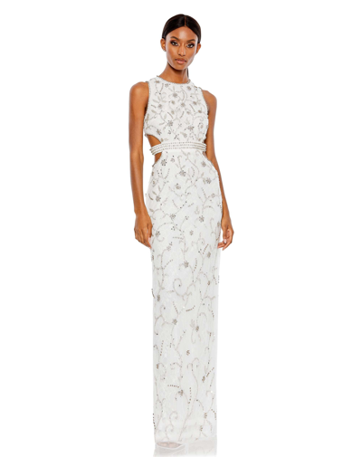 Shop Mac Duggal Beaded Sleeveless High Neck Cut Out Column Gown In White