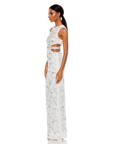 Shop Mac Duggal Beaded Sleeveless High Neck Cut Out Column Gown In White