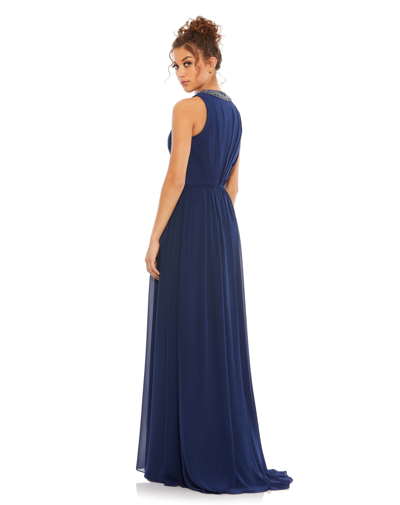Mac Duggal Pleated High Neck Sleeveless A Line Gown In Midnight