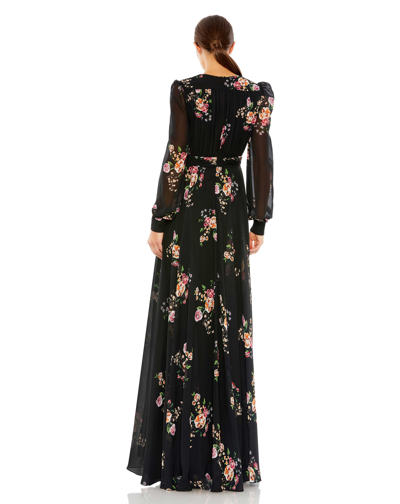 Mac Duggal Floral Long Sleeve Empire Waist Chiffon Maxi Dress In Black Multi