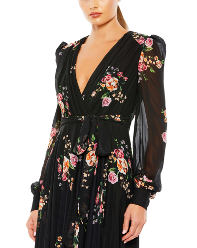Mac Duggal Floral Long Sleeve Empire Waist Chiffon Maxi Dress In Black Multi